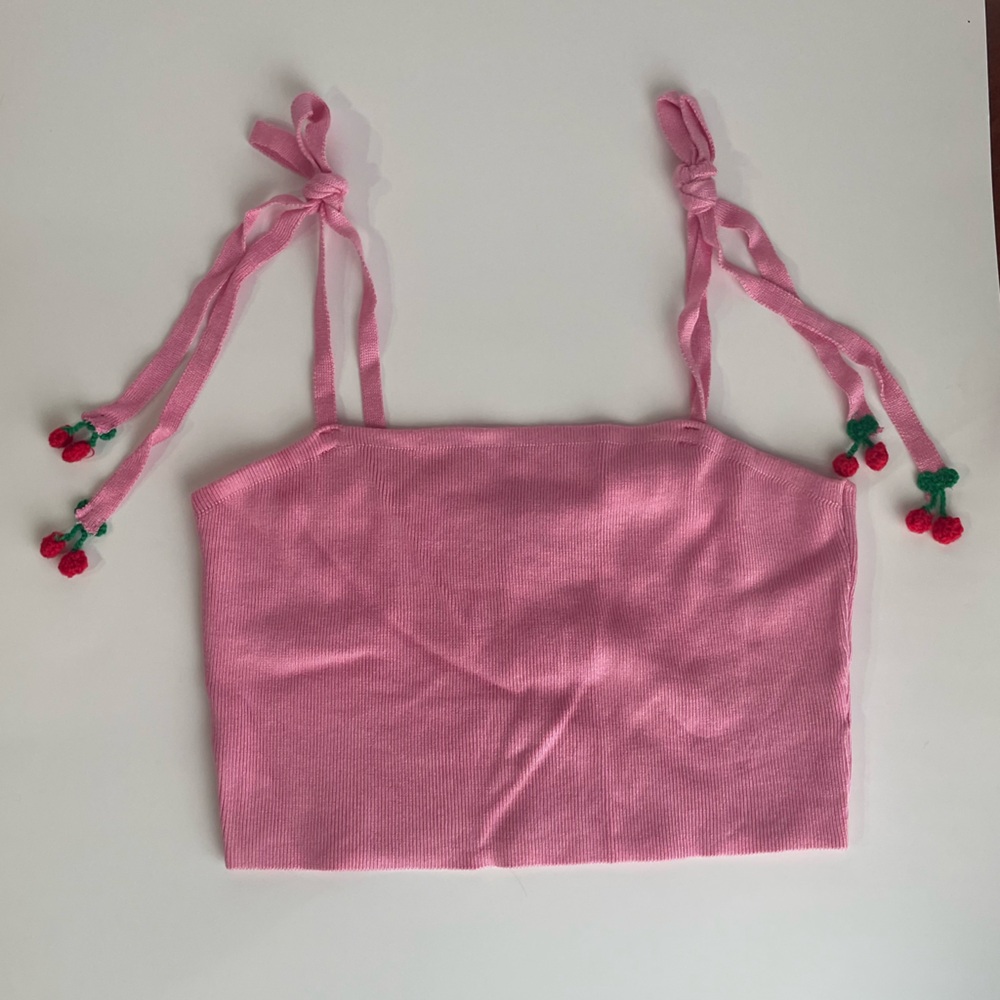 Pink Rib Knit Cherry Tie Crop Top